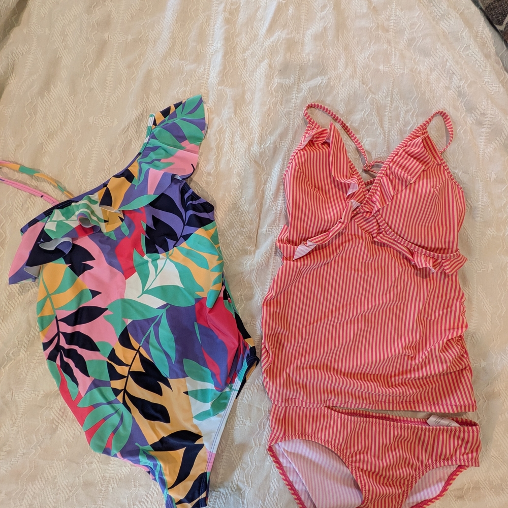 Colorful Leaf Print and Striped Swimsuits